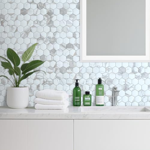 DICOFUN 1-Sheet White Hexagon Tile Peel and Stick Backsplash, Marble Look PVC Mixed Silver Metal Mosaic Tiles for Kitchen and Bathroom - color: White Marble + Silver Metal Chip, size: 1 Sheet, 12''x12''x0.12''