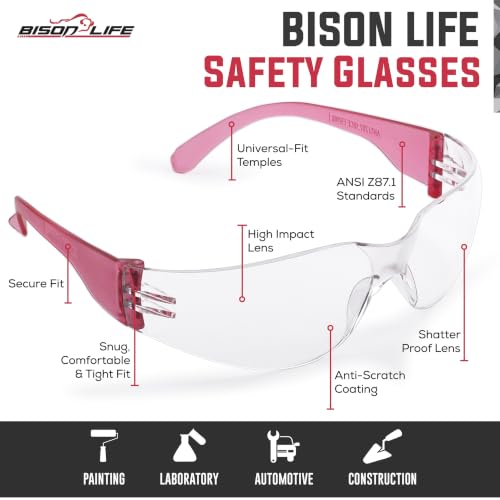 BISON LIFE Clear/Pink Safety Glasses for Men & Women, ANSI Z87.1, 6 Pack - color: Clear/Pink