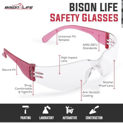 BISON LIFE Clear/Pink Safety Glasses for Men & Women, ANSI Z87.1, 6 Pack - color: Clear/Pink