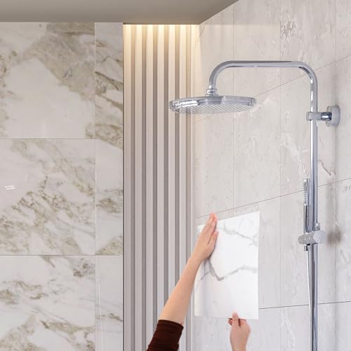 HARFINGTON 15pcs Peel and Stick Marble Tiles, Waterproof Wall Panel Backsplash, 12"x12" PVC Peel and Stick Shower Tiles for Bathroom, Kitchen, Living, White with Grey Veins Design - style: White with Grey Veins