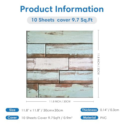 COMSTICKC 3D Peel and Stick Faux Wood Wall Sticker, 10 Pcs 11.8" x 11.8" - color: Green