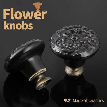 Ceramic Cabinet Knobs, Embossed Floral Design - Black, 20pcs - color: Black