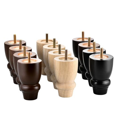 Maricome 4 inch Unfinished Bun Feet Set of 4 Predrilled M8 Bolt Turned Wood Replacement Legs for Sofa Couch Cabinet Chair Ottoman - color: 4 Inch Unfinished