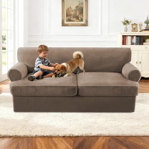 Turquoize T Cushion Sofa Slipcover 3 Piece Sofa Covers for 2 Large Cushion Couch Thick Velvet Couch Cover Stretch Furniture Covers with 2 Individual T Cushion Covers, Washable (2 Cushion Sofa, Mocha) - color: Mocha, size: Sofa (2 Cushion)