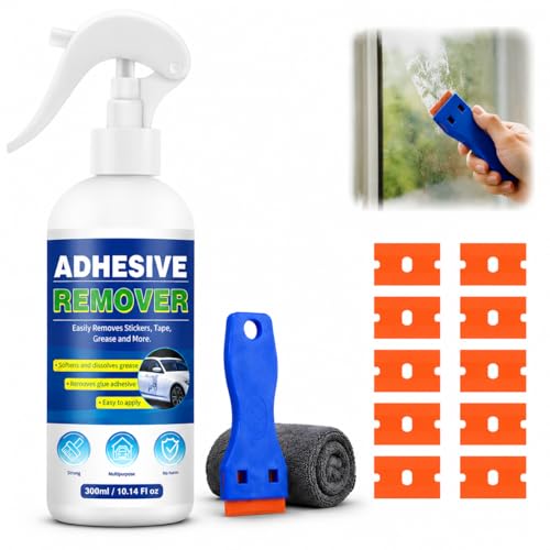 Adhesive Remover, Sticker Remover with Plastic Razor & Towel, 10.14oz Glue Removers for Removing Labels, Tapes, Gum, Wax, Sticky Residue, Powerful Super Glue Removers for Floor, Windows, Walls, Cars