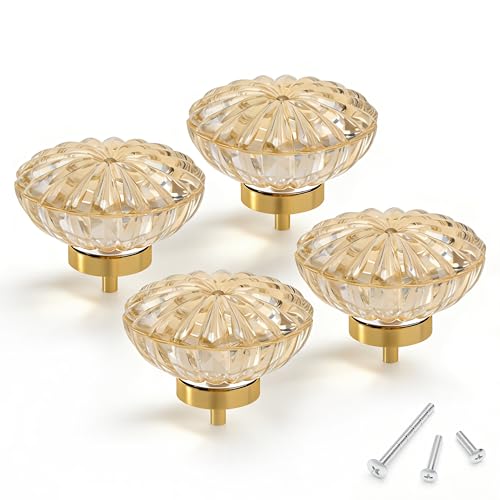 4PCS Cabinet Knobs, 1-3/8" Champagne Gold Crystal Floral Drawer Pull Handle