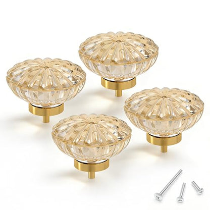 4PCS Cabinet Knobs, 1-3/8" Champagne Gold Crystal Floral Drawer Pull Handle