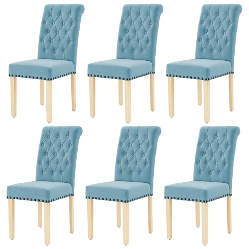 LOULENS Fabric Dining Chairs Set of 6, Upholstered Kitchen Chairs, Blue - color: Light Blue, size: Set of 6