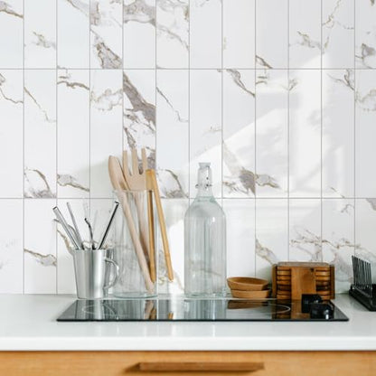 Vamos Tile Peel & Stick Backsplash on Subway Tile,40-Pack 3''x12'',Glossy - color: White Marble with White Grout