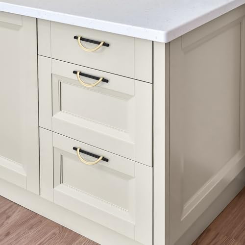 Brushed Gold & Matte Black Cabinet Pulls Curved, 5 Inch/128 mm, 10 Pack - color: Brushed Brass & Matte Black, size: 5 Inch Hole Center