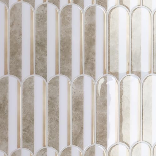 CRE8TIVE 4 Sheets Long Fish Scale Tile Peel and Stick Backsplash for Kitchen and Bathroom Adhesive Backsplash Stick on Wall Tiles Peel and Stick Shower Tile Waterproof 12"x12" White Brown Slate Tiles - color: White Brown, size: 12"x12" (4-Sheets)