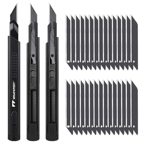 WRAPXPERT Utility Knife Retractable with 30 Degree Snap Off Blade,Box Cutter for Carton,Razor Knife Exacto Craft,3 Pack Retractable Knife for Office,Home Use,with 30 Extra 9mm Blades