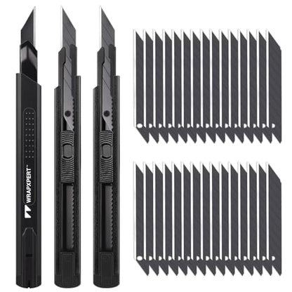 WRAPXPERT Utility Knife Retractable with 30 Degree Snap Off Blade,Box Cutter for Carton,Razor Knife Exacto Craft,3 Pack Retractable Knife for Office,Home Use,with 30 Extra 9mm Blades