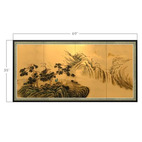 Red Lantern Mountaintop Waterfall on Gold Leaf - color: Mountain Waterfall