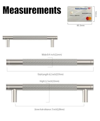 Brushed Nickel Knurled Cabinet Handles Kitchen Pulls 5 Inch 10 Pack - color: Brushed Satin Nickel, size: 5" Hole Center