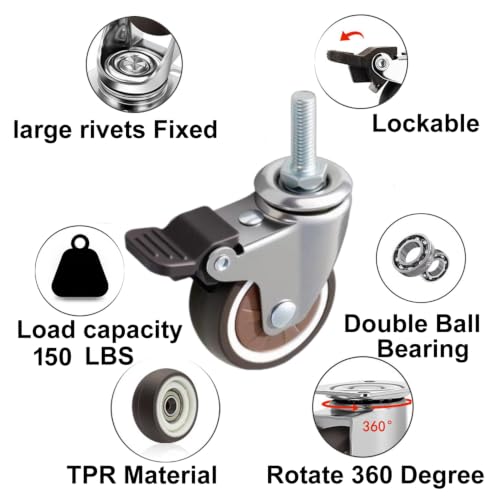2" Thread Caster 3/8"-16UNC x 1" Stem Set of 4 All Brake Quiet Wheels - size: 2" Caster 3/8in Stem