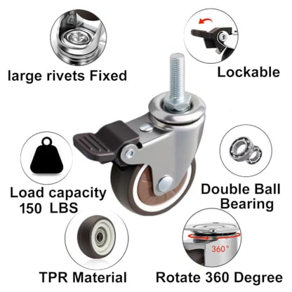 2" Thread Caster 3/8"-16UNC x 1" Stem Set of 4 All Brake Quiet Wheels - size: 2" Caster 3/8in Stem