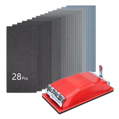 SCOTTCHEN Hand Sanding Block Set with 28pcs 120-3000 Grit Wet/Dry Sandpaper for Wood Furniture Finishing, Metal Sanding, Glasses Sanding - style: Clamp-style 1 pack