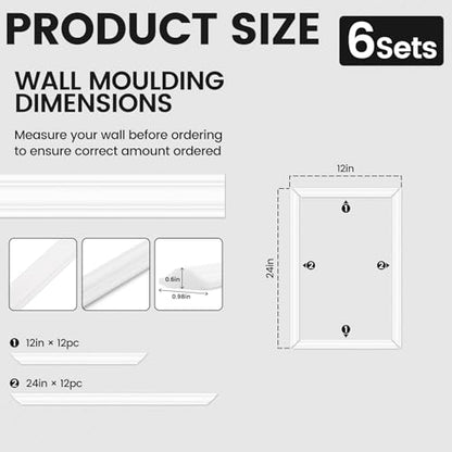 6 Sets Peel and Stick Wall Molding Kit, 12x24 Inch Premade Wainscoting Frames - color: 12''x24''-6pack