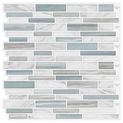 Tilingview 10PCS Peel and Stick Tile for Kitchen Backsplash, Strips Design Self-Adhesive Vinyl Tile, Plastic Wall Sticker (Blue White) - color: Narrow Blue White, size: 10"x10"x0.02"
