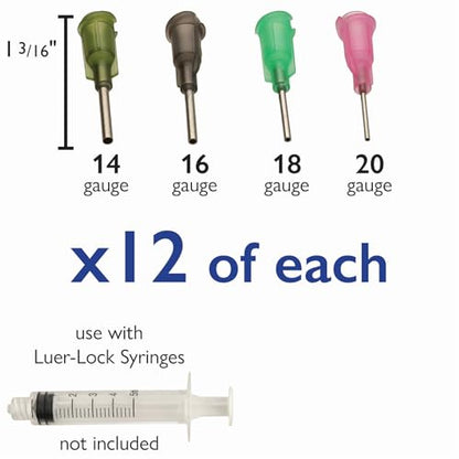 The Beadsmith Syringe Needle Assortment – 12 Each 14ga, 16ga, 18ga and 20ga, Total 48 Pieces – Luer Lock Style, Blunt Tip – Use with Syringes for Glue, Oil & Other Liquid - size: Gauge Asst., 48 pcs.