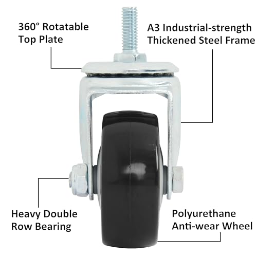Finnhomy Swivel Caster Wheels 3 Inch Threaded Stem Casters Set of 4 Heavy Duty 3/8"-16 x 1 Anti-wear Polyurethane Industrial Castor Wheels for Cart/Furniture Load Bearing 2200 Lb Smooth Casters Black - style: 3 Inch
