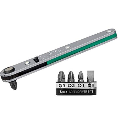 ANEX Ultra Low Profile Offset Ratcheting Screwdriver 90 Degree Angled For Tight Area (Magnetic 5 Bits Set) Straight Flathead, Green - color: Green (5 Bits)