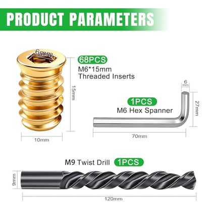 Twidec/70PCS M6 Threaded Inserts for Wood Furniture Screw-in Nut Wood Inserts Bolt Assortment Kit with M6 Hex Wrench and Drill Bit(M6X15mm) - size: M6-1.0x15mm