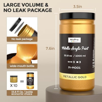 Nicpro Acrylic Paint Metallic Gold, 33.8oz/1000ml Large Gold Leaf Paint - color: Gold, size: 33.8 Fl Oz (Pack of 1)