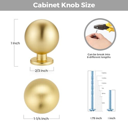 Brushed Gold Cabinet Knobs 12 Pack Round Ball Drawers Knobs, 1" Diameter - color: Brushed Gold