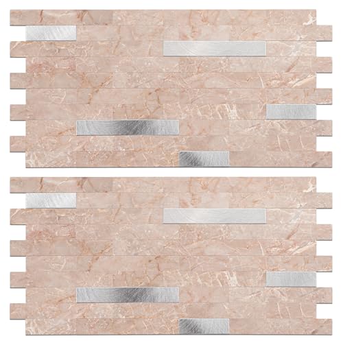 Peel and Stick Backsplash Tile Waterproof Removable PVC Wall Sticker 3D Faux Stone Marble Brick White Accent Panels (Pink Marble - Metal Silver, 20 Tiles - 9 sq. ft. (0.84 M²)) - color: Pink Marble - Metal Silver, size: 20 Tiles - 9 sq. ft. (0.84 M²)