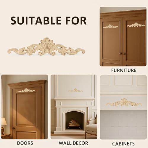 2Pcs Decorative Wood Carved Appliques Onlays, 16 x 4 inch Unpainted Solid Wood Long Carving Decal for Furniture Cabinet Bed Wardrobe Closet DIY Decoration (16x4inch,2PCS) - size: 16x4inch,2PCS