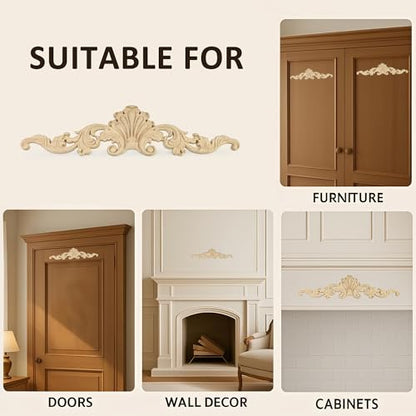 2Pcs Decorative Wood Carved Appliques Onlays, 16 x 4 inch Unpainted Solid Wood Long Carving Decal for Furniture Cabinet Bed Wardrobe Closet DIY Decoration (16x4inch,2PCS) - size: 16x4inch,2PCS