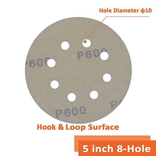 Sanding disc 5 Inch 8 Holes Mixed 60 Pack,Orbital Sander Pads,Hook and Loop Wet/Dry Gold Sandpaper,Include 80,100,120,150,220,320 Grit Each of 10 Pack