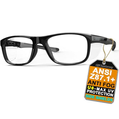 HTS HUNTERSKY TR90NZZ Safety Glasses with Side Shield Small Size Women Men ANSI Z87 Anti Fog Scratch Resistant Lab Pickleball - color: Gloss Black