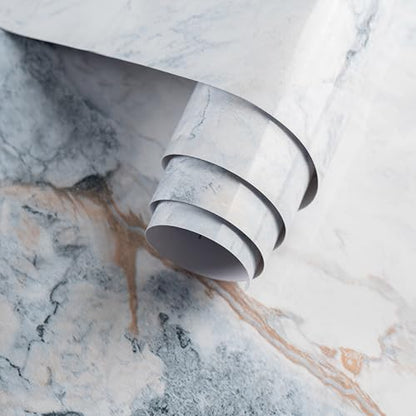 32"x354" Large White Bule Marble Paper Thick Vinyl Granite Adhesive Waterproof peel and stick Wallpaper Textured kitcheh Barthroom Countertops Contact Paper Wall Sticker Top Wall Mural Backsplash Wrap - color: Bule White Gold, size: 32" x 354"
