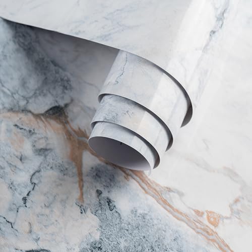 32"x354" Large White Bule Marble Paper Thick Vinyl Granite Adhesive Waterproof peel and stick Wallpaper Textured kitcheh Barthroom Countertops Contact Paper Wall Sticker Top Wall Mural Backsplash Wrap - color: Bule White Gold, size: 32" x 354"