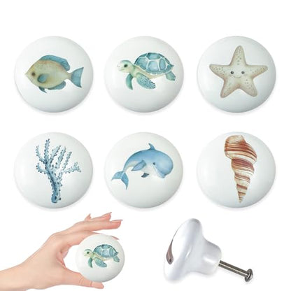 Set of 6 Ceramic Kids Nursery Fish Ocean Starfish Beachy Coastal Cabinet Dresser Drawer Door Handle Pulls Knobs 1.5 X 1.5 Inches - size: conch