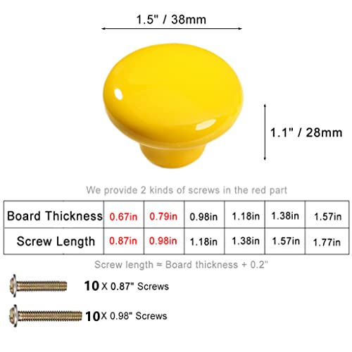 1.5" Large Mushroom Shape Glossy Ceramic Cabinet Knobs, 10Pcs Round Shape Cute Ceramic Drawer Knobs Kids Child Pulls Handles for Dressers Cupboard Wardrobe Dia. 1.5inch (Yellow, Dia. 1.5") - color: Yellow