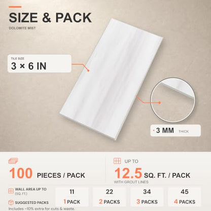 StyloVue 100 Pieces Peel and Stick Backsplash for Kitchen, 3" x 6" PVC Subway Tile 2026 Upgraded Dolomite Mist Backsplash Stick on Tile Elevate Kitchen Fireplace RV - color: Dolomite Mist