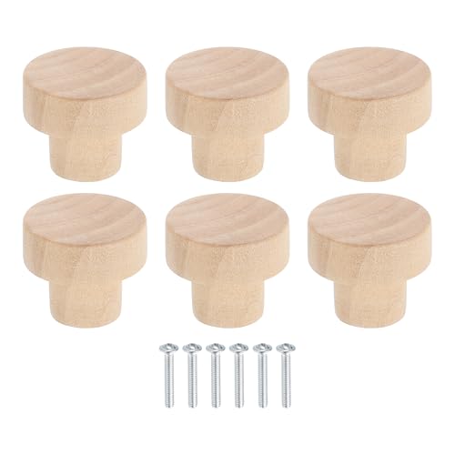 uxcell 6Pcs Round Wood Drawer Knob, 1 1/8" Diameter Flat Round Dresser Knobs Wooden Knobs with Screws for Furniture Drawer Dresser Wardrobe Cupboard - size: 1 1/8"