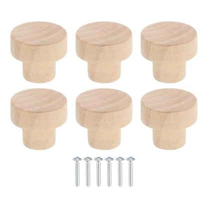 uxcell 6Pcs Round Wood Drawer Knob, 1 1/8" Diameter Flat Round Dresser Knobs Wooden Knobs with Screws for Furniture Drawer Dresser Wardrobe Cupboard - size: 1 1/8"