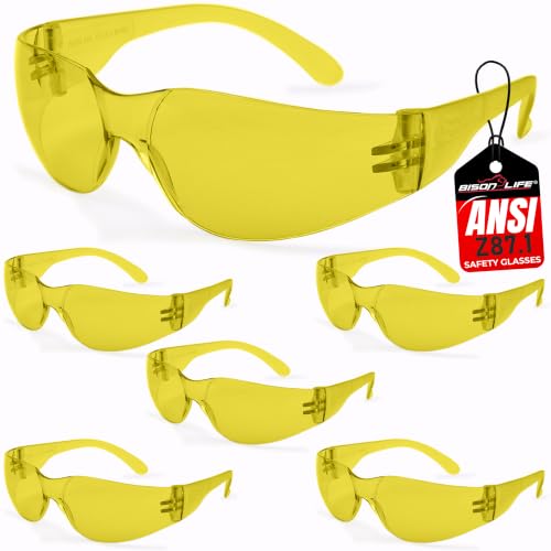BISON LIFE Yellow Safety Glasses for Men & Women, Bulk, ANSI Z87.1, 6 Pack - color: Yellow/Yellow