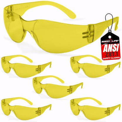 BISON LIFE Yellow Safety Glasses for Men & Women, Bulk, ANSI Z87.1, 6 Pack - color: Yellow/Yellow