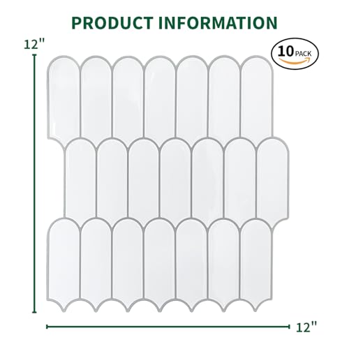 10 Sheet Peel and Stick Backsplash Tile for Kitchen, 12” x 12” Self Adhesive Glossy Vinyl Wall Subway Tiles Waterproof No Residual for Bathroom Fireplace, White with Gray Grout - color: White