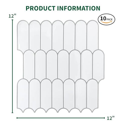 10 Sheet Peel and Stick Backsplash Tile for Kitchen, 12” x 12” Self Adhesive Glossy Vinyl Wall Subway Tiles Waterproof No Residual for Bathroom Fireplace, White with Gray Grout - color: White