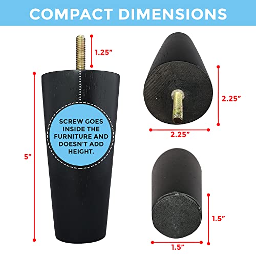 The Blue Cactus Company Wood Table Legs - 5-Inch Black Round - Set of 4 Screw-in Replacements for Sofa & Bed - size: 5 Inches