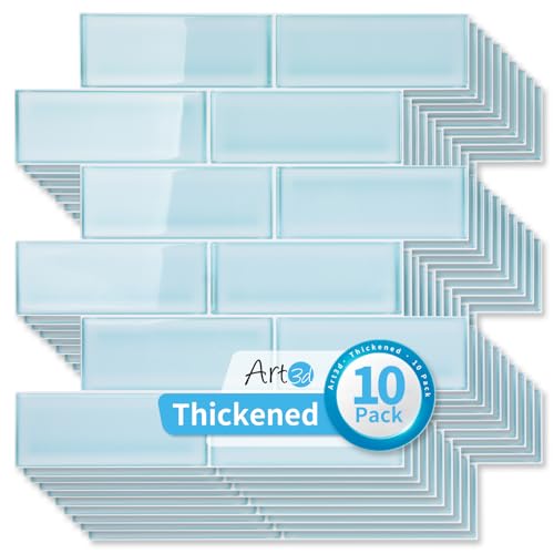 Art3d Seaglass Subway Design Peel and Stick Backsplash, 10-Pack, Aqua Blue - color: Aqua Blue