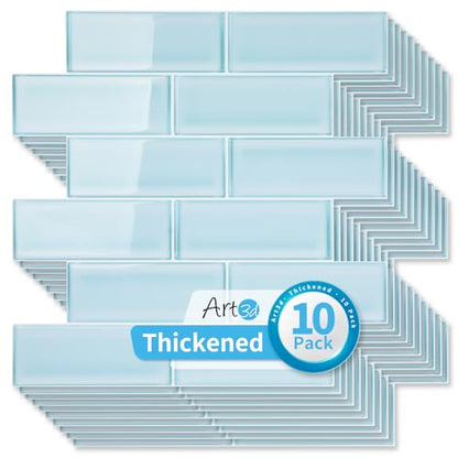 Art3d Seaglass Subway Design Peel and Stick Backsplash, 10-Pack, Aqua Blue - color: Aqua Blue