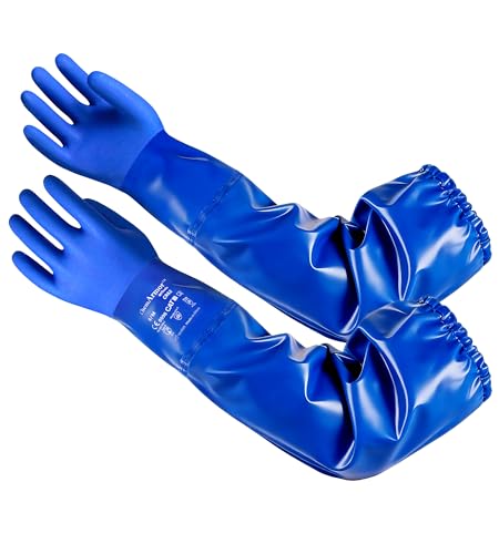 AnTools 25" Heavy-Duty PVC Chemical Gloves, Waterproof Long-Sleeve Work Gloves with Cotton Liner and Non-Slip Grip, for Lab, Pool Cleaning, Oil, and Industrial Work, Blue, Large